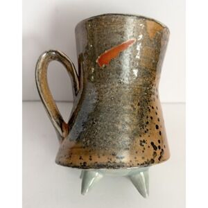 Signed P Ceramic 4 Footed Coffee Mug 16 oz Orange Speckled Art Pottery Cup Artsy